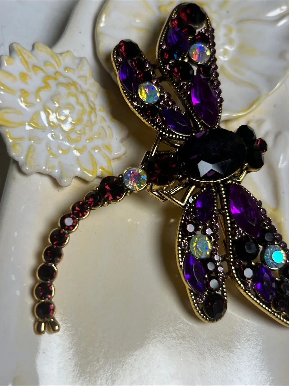 Jeweled Dragonfly Brooch with Purple and Iridescent Stones